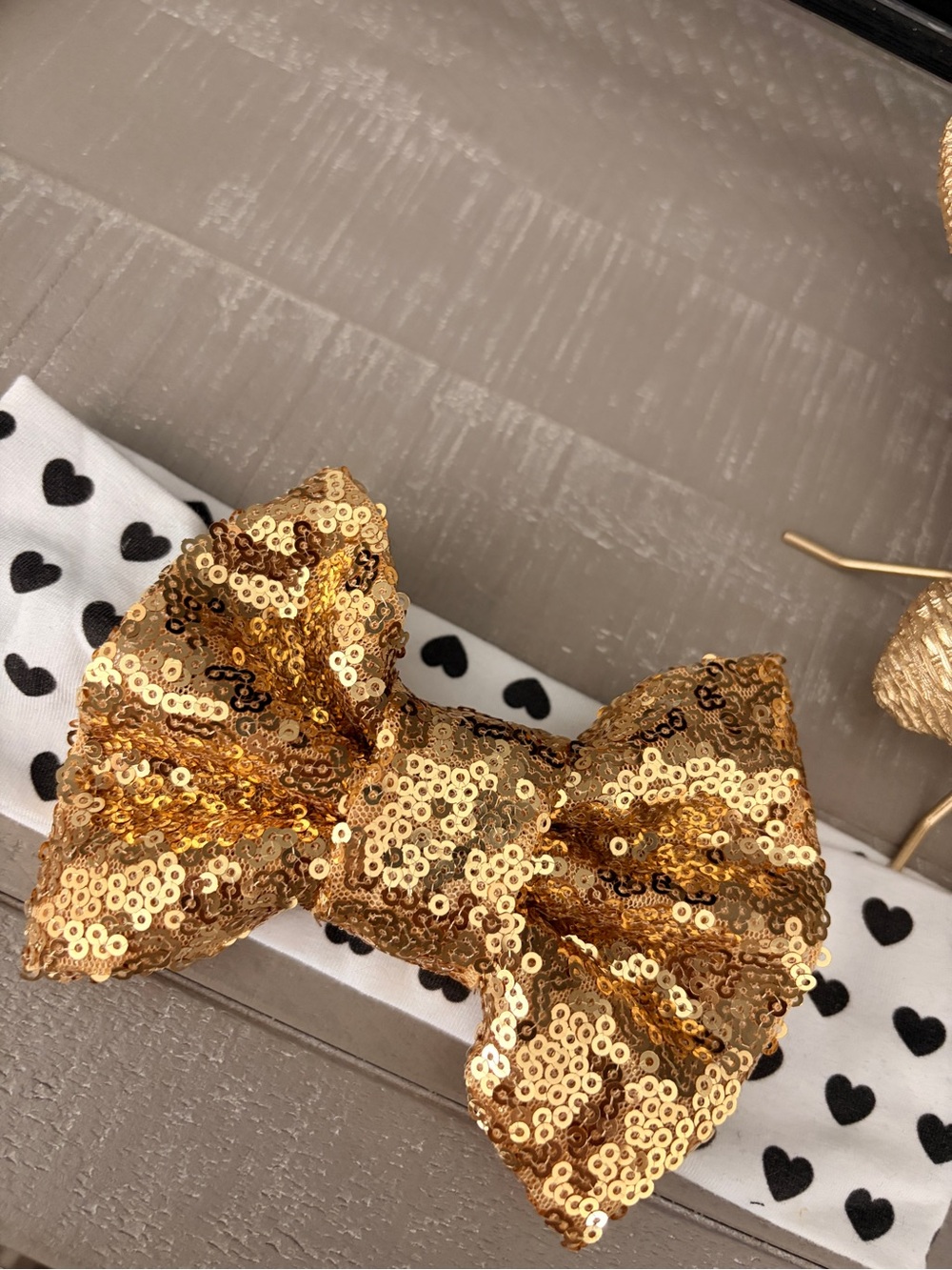 Gold Sequin Bow Headband with Heart Print Band
